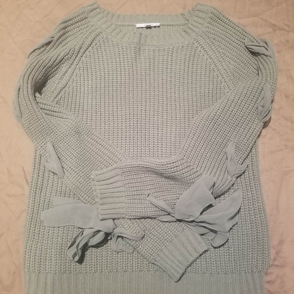 Iris Knit Gray-Green Sweater. Size S. Extra Long Sleeves w/ Sheer Accented Arms